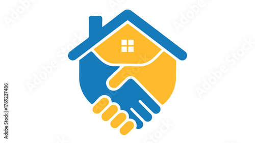 Symbolic handshake inside house shield represents trust partnership and home security services