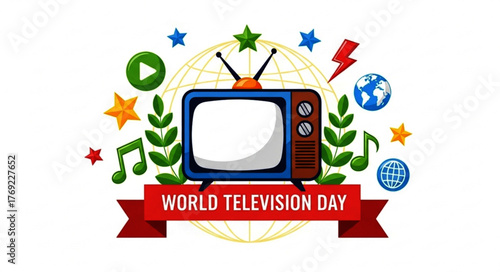 Retro Television Set with Antennae and Decorative Elements for World Television Day
