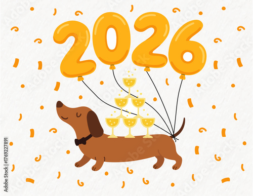 CUTE DACHSHUND NEW YEAR 2026 ILLUSTRATION – CELEBRATION WITH GOLD BALLOONS AND CHAMPAGNE GLASSES