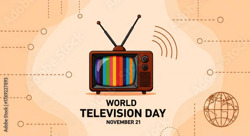 Retro Television Set with Antenna Displaying Colorful Vertical Stripes for World Television Day