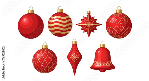 Elegant collection of festive red and gold Christmas ornaments for holiday season decor and joyful celebration designs