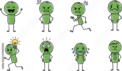 Cute cartoon character set, green doodle figures, emotions and business concepts (idea, businessman).