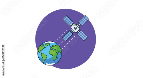 A satellite orbits the Earth, sending data signals.