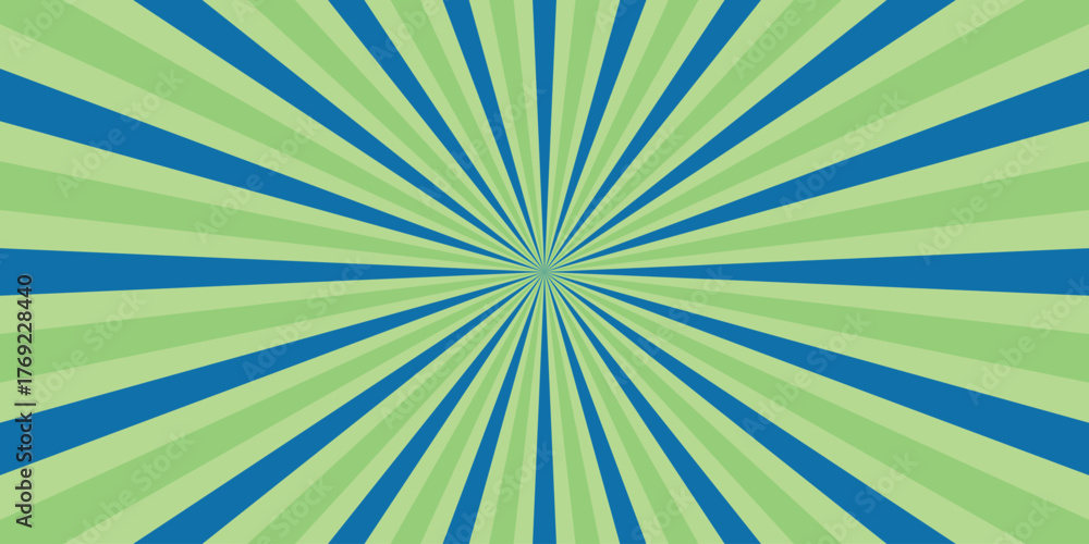 Dynamic green and blue sunburst radial background pattern with radiating lines and a central burst effect for vibrant graphic design and abstract concepts