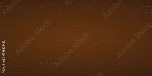 Detailed electronic circuit board layout with bright red lines and small square pads on a rich brown textured background, representing data processing and connectivity