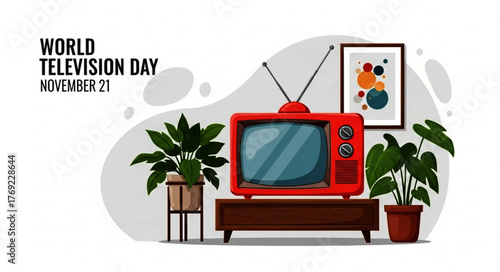 Retro Red Television Set with Antenna, Buttons, and Vintage Design on Wooden Stand.