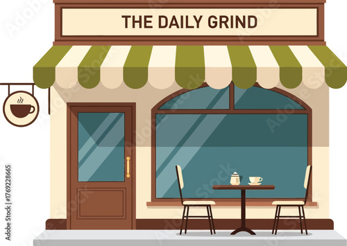 The exterior of a coffee shop named 'The Daily Grind' is shown.