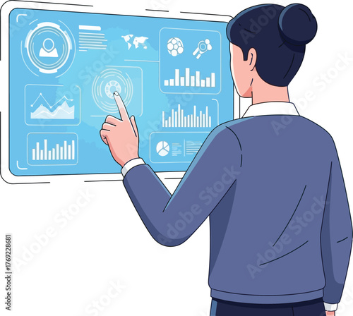 A person interacts with a futuristic touchscreen displaying graphs and data visualizations.