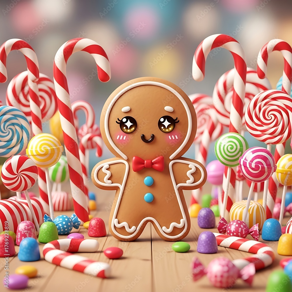 Obraz premium Gingerbread Man Surrounded by Candy Canes and Lollipops.