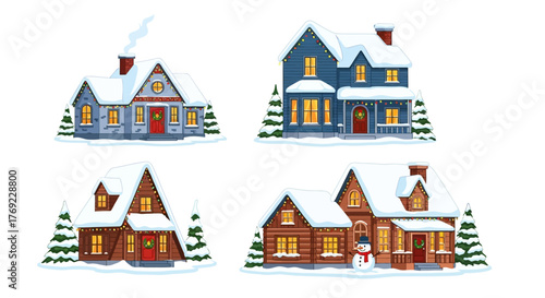 Winter Houses Set Cozy Homes Covered in Snow for a Festive Season