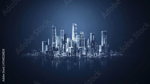 Modern city skyline, dark and reflective