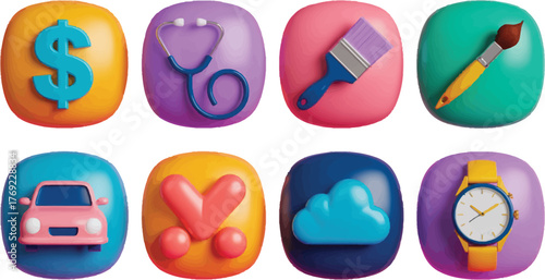 Colorful vibrant icons representing various aspects of life and work for website or app design