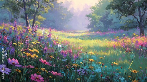 Fototapeta Naklejka Na Ścianę i Meble -  Vibrant meadow bursts with colorful wildflowers under warm, hazy sunlight creating a dreamlike natural scene