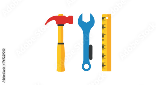 A hammer, a wrench, and a ruler are placed side by side on a white background.