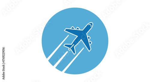 An illustration of a blue airplane in flight leaving a contrail.