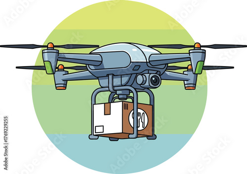 A drone delivers a package, suggesting modern logistics and convenience for delivery services.
