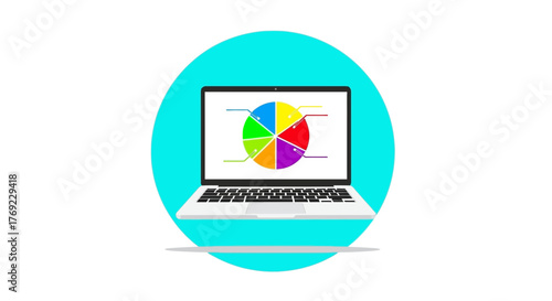 A laptop displays a colorful pie chart within a turquoise circle.