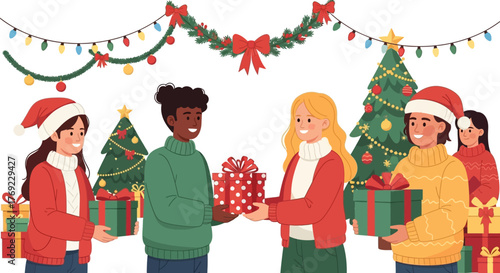 Diverse Group of Friends Joyfully Exchanging Festive Christmas Presents, Celebrating the Holiday Spirit with Generosity and Togetherness Amidst Decorated Trees