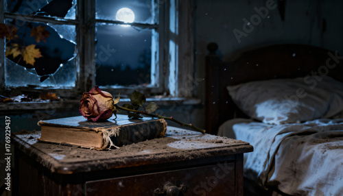 Beautiful Sant Jordi concept showing a fresh red rose and a closed book arranged on a wooden nightstand under warm morning light, symbolizing love, reading, and cultural celebration