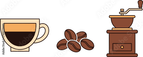 A cup of coffee, beans, and a coffee grinder are shown on a white background.