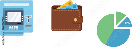 An ATM machine, a wallet with cash, and a pie chart symbolize financial concepts.