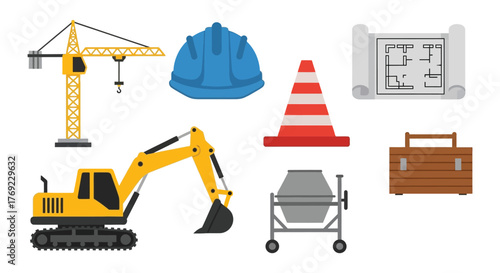 Construction equipment and safety gear are arranged on a white background.