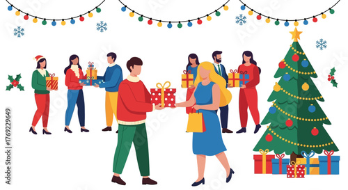 Joyful holiday gift exchange scene featuring diverse people celebrating with presents around a festive Christmas tree and vibrant decorations