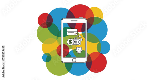 A smartphone displays various icons representing financial and location services against a backdrop of colorful circles.