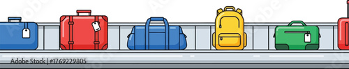 Various colorful luggage items are displayed on a conveyor belt.