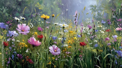 Fototapeta Naklejka Na Ścianę i Meble -  Vibrant oil painting captures lush meadow bursting with colorful wildflowers under soft, hazy sky