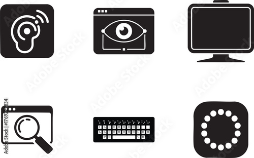 Flat icon set of visual assistance tools in black color including screen magnifier braille keyboard and eye tracking software