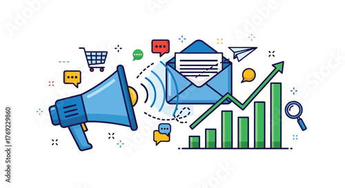Marketing concepts are visualized with a megaphone, email, and growth chart on white.