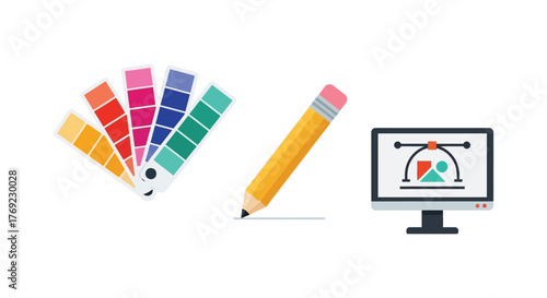 A color palette, pencil, and computer screen depict graphic design elements.