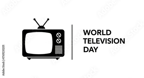 Black and White Television Icon with Antenna and Knobs, Retro Style