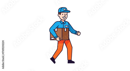 A smiling delivery person walks while carrying a package.