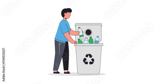 A person is recycling plastic bottles into a bin with a recycling symbol.