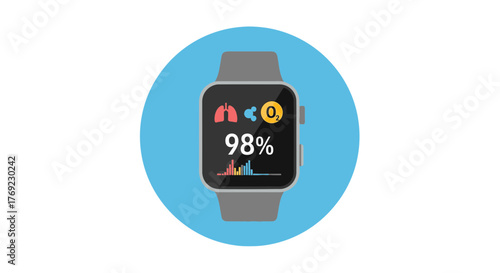 A smartwatch displays health data including heart rate and oxygen saturation.