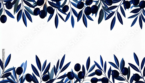 Watercolor Illustration of Olive Branches with Dark Blue Olives