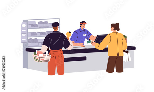 People pay at the checkout of grocery store. Buyers make purchases, buy with card, cash money at till of shop. Seller, cashier works on counter. Flat isolated vector illustration on white background