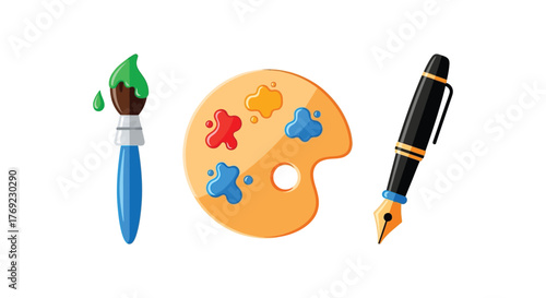 A paintbrush with green paint, an artist's palette with colorful paints, and a fountain pen.