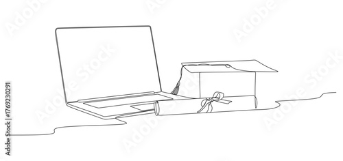 Minimalist continuous line drawing of a laptop, graduation cap, and diploma scroll. The simple black line art represents online education, virtual graduation, e-learning, and academic achievement