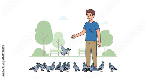 A man feeds pigeons in a park with trees and benches in the background.