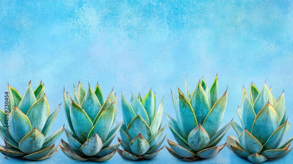 Fototapeta premium Four agave plants arranged in a row against a light blue background