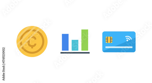 A golden coin, a bar chart, and a credit card are displayed on a white background.