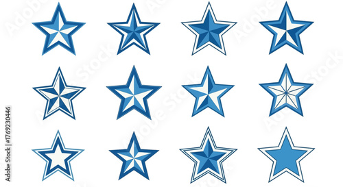 Collection of twelve blue, white, and silver stars, each with unique decorative outlines and shading