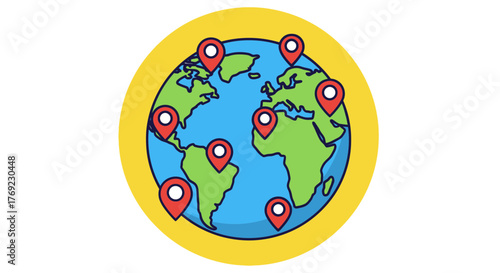 The globe is dotted with red location pins showing different places around the world.
