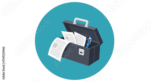 A briefcase is open with papers and a pen inside, set against a teal background.