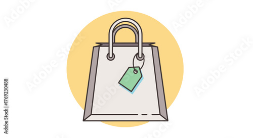 A white shopping bag with a green tag sits on a yellow circle background.
