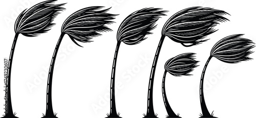 Stylized trees bending in strong wind, progressive motion illustration, black and white line art, environmental concept, resilience, nature design artwork
