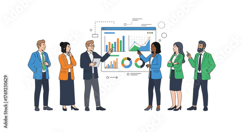 A team of professionals gathers around a presentation screen displaying charts and graphs.